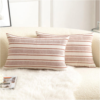 Cethom Decorative Boho Throw Pillow Covers, Farmhouse Textured Pillow Case, 18 x 18 Inch Set of 2, Chair Sofa Bedroom Living Room Home Decor Couch Cushion Case, Classic Blue and Beige Striped