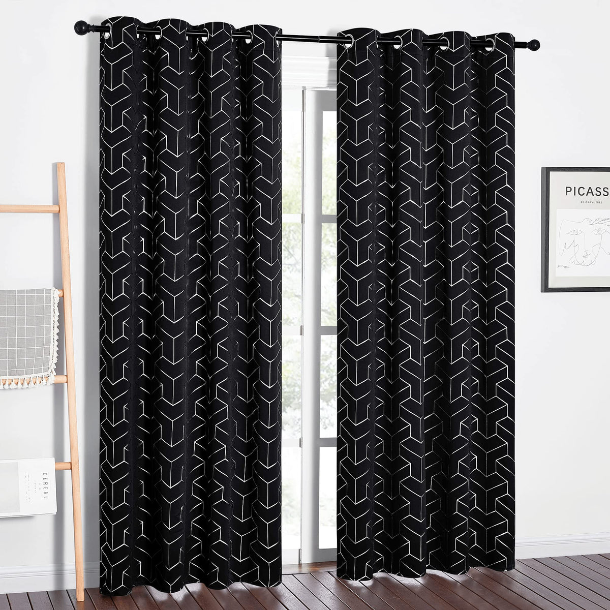 NICETOWN Grey Blackout Striped Pattern Curtains for Living Room, 52 x 84