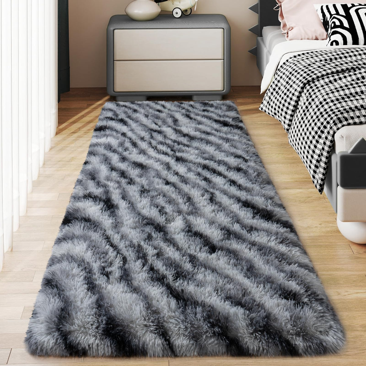 Ultra Soft Runner Rugs for Bedroom Hallways with Upgraded Non-Slip Rubber Backing & Thick Memory Sponge, 2x6 Feet Fluffy Shag Throw Area Rug for Bedside Dorm Dark Grey