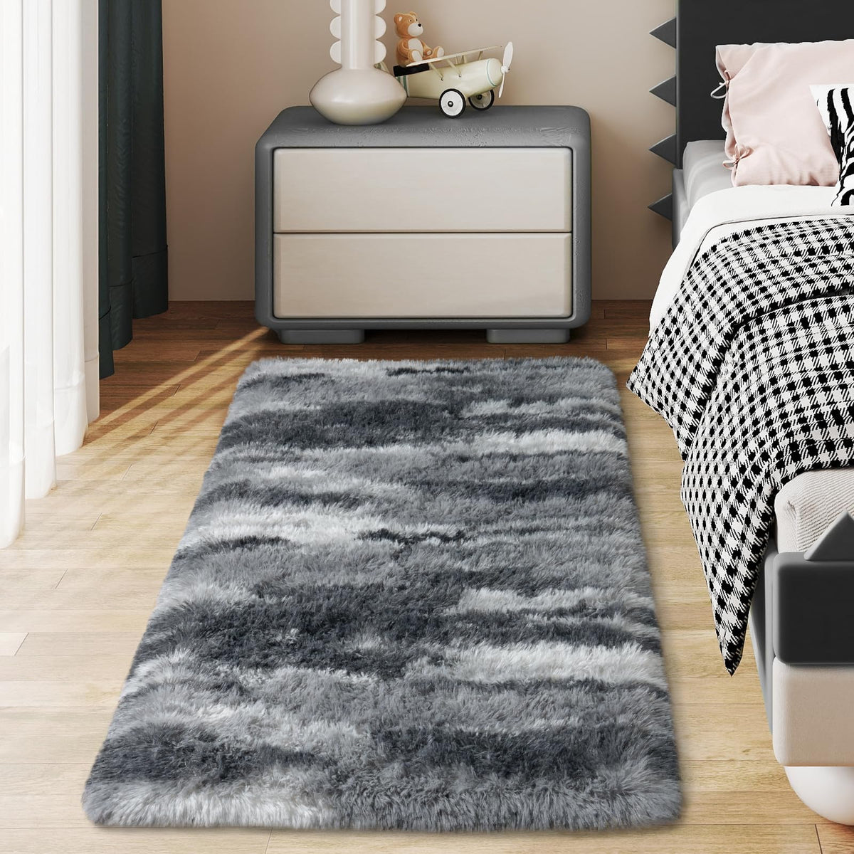 Ultra Soft Runner Rugs for Bedroom Hallways with Upgraded Non-Slip Rubber Backing & Thick Memory Sponge, 2x6 Feet Fluffy Shag Throw Area Rug for Bedside Dorm Dark Grey
