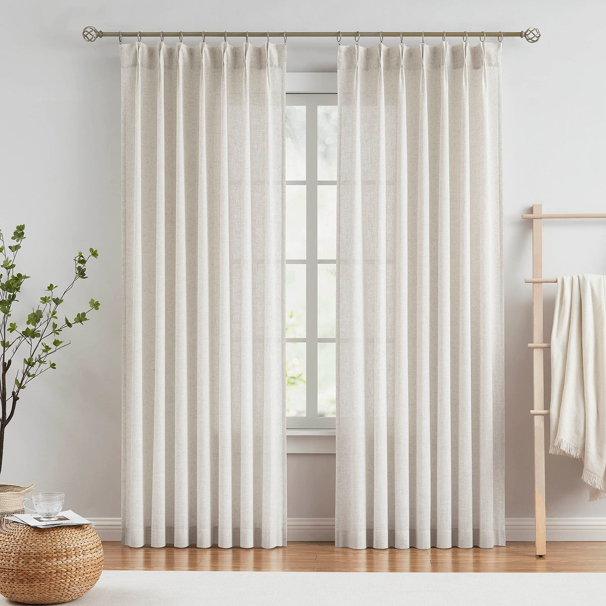 Vision Home Natural Linen Pinch Pleated Semi Sheer Curtains 42Wx90Lx2