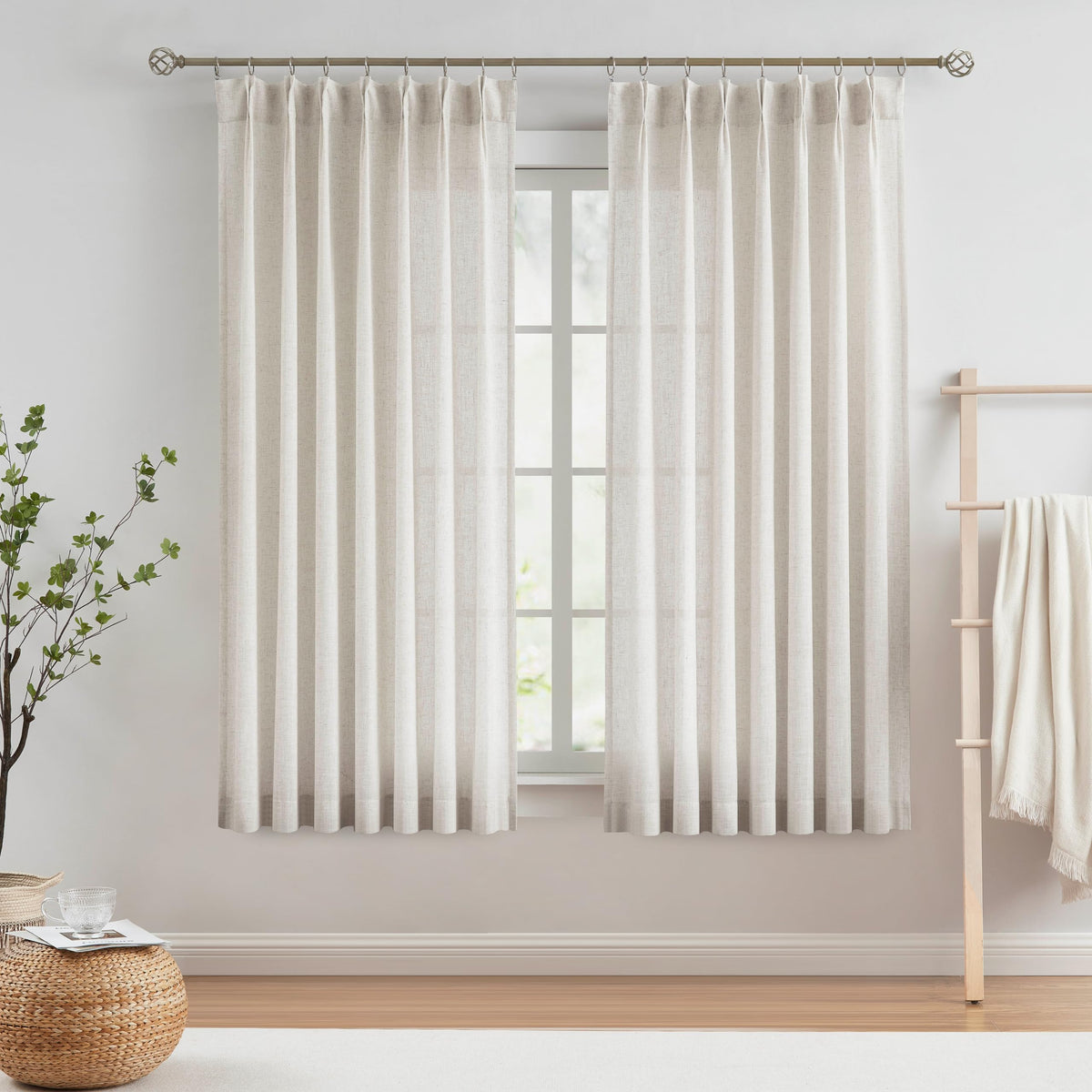 Vision Home Natural Linen Pinch Pleated Semi Sheer Curtains 42Wx90Lx2