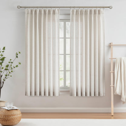 Vision Home Natural Linen Pinch Pleated Semi Sheer Curtains 42Wx90Lx2