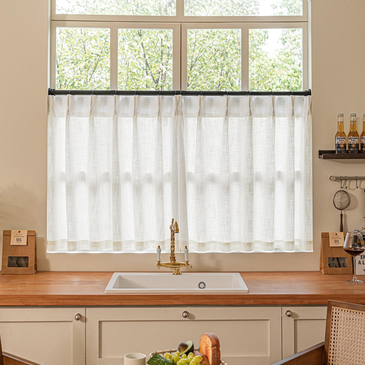 TWODRAPES Natural Pinch Pleated Linen Semi Sheer 84 Inch Curtains 2 Panels