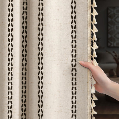 Boho 100% Blackout Curtains 84 Inch 2 Panels Linen Blend Beige