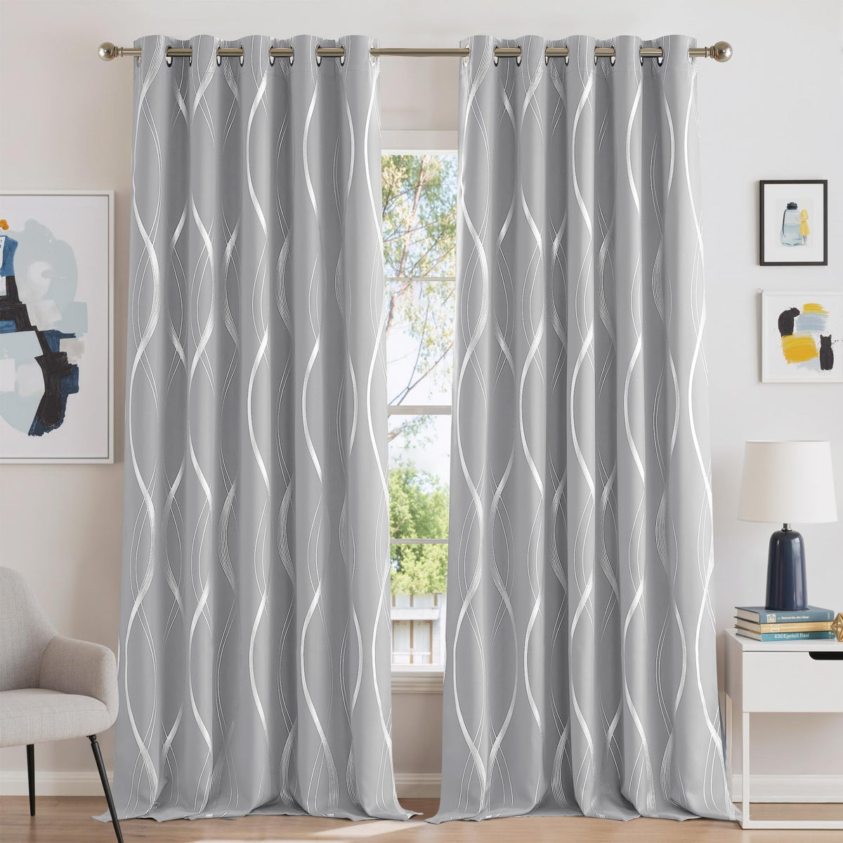 NICETOWN Grey Blackout Striped Pattern Curtains for Living Room, 52 x 84