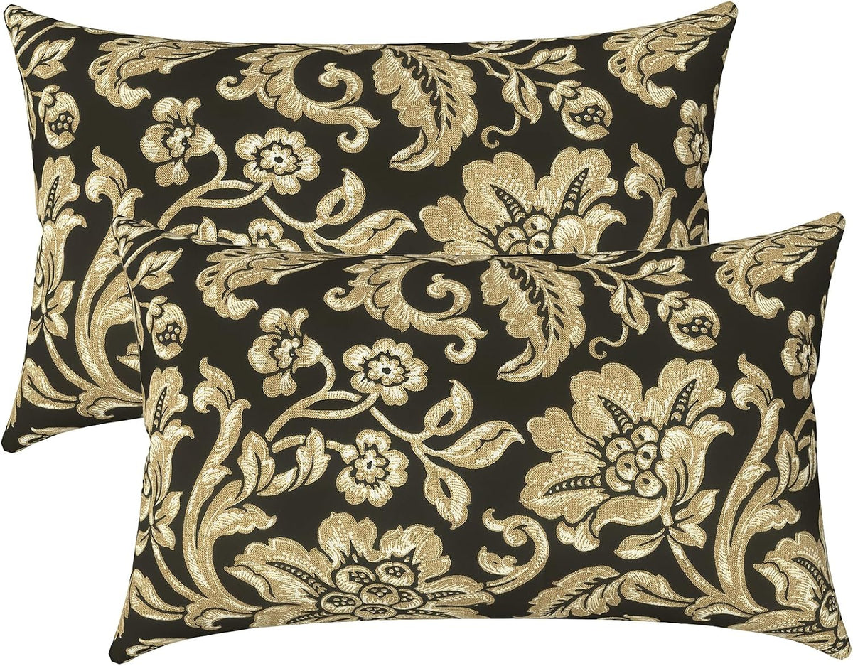LVTXIII Set of 2 Patio Lumbar Pillows, 12" x 20" Fade Resistant Outdoor Lumbar Pillow with Inners, Fluffy Decorative Garden Lumbar Cushions for Home Patio Coach Sofa Use, Jacobean Black