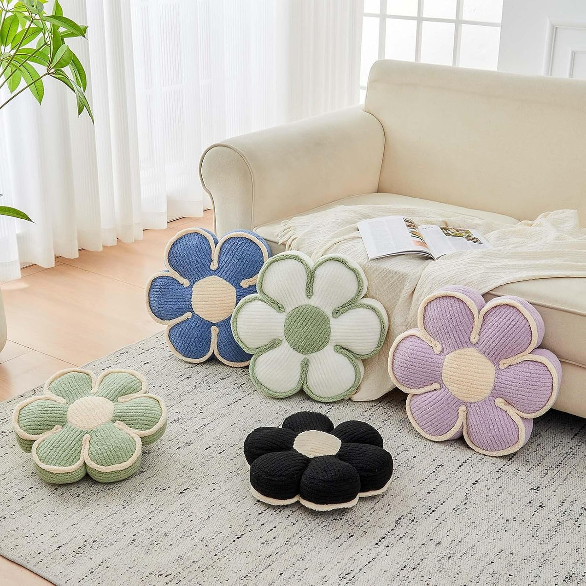 Kcvvcr Flower Pillow, Soft Flower Decorative Throw Pillow, Cute Daisy Flower Shaped Seating Floor Cushion Room Décor Plush Pillows for Sofa Couch Bed (13.7 Inch, Sage Green)