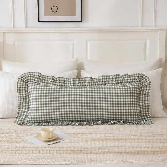14x36 inches Sage Green Plaid Ruffle Lumbar Pillow Sham 1 Piece