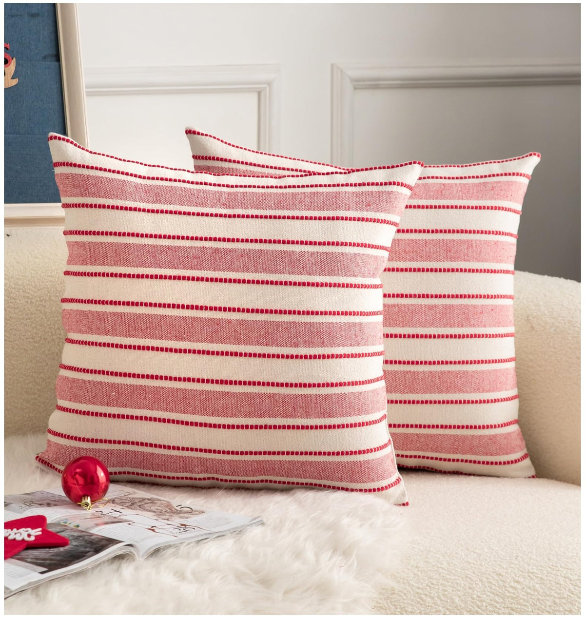 Cethom Decorative Boho Throw Pillow Covers, Farmhouse Textured Pillow Case, 18 x 18 Inch Set of 2, Chair Sofa Bedroom Living Room Home Decor Couch Cushion Case, Classic Blue and Beige Striped