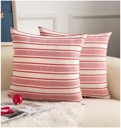 Cethom Decorative Boho Throw Pillow Covers, Farmhouse Textured Pillow Case, 18 x 18 Inch Set of 2, Chair Sofa Bedroom Living Room Home Decor Couch Cushion Case, Classic Blue and Beige Striped