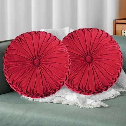 HIG Set of 2 Beige Velvet Decorative Round Pleated Throw Pillows
