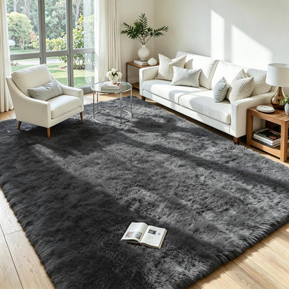 8x10 Fluffy Area Rug for Living Room: Soft Non-Slip Black Bedroom Carpet