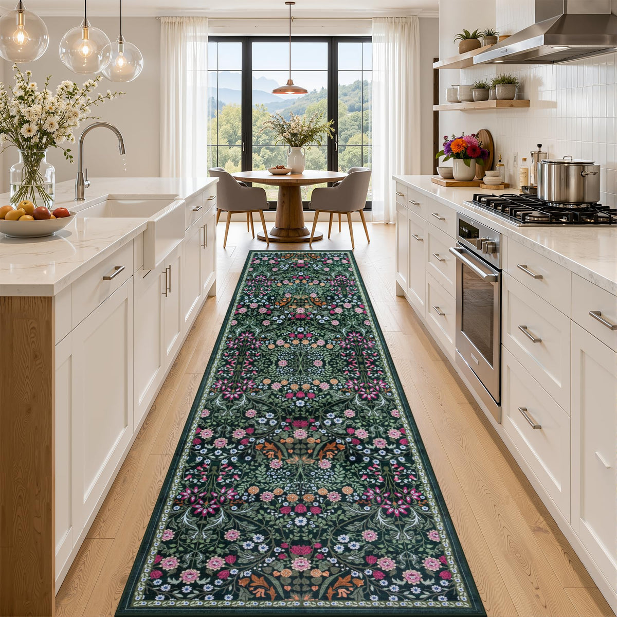 PLHXFR 8x10 Area Rug Living Room: Floral Washable Boho Carpet Dark Green