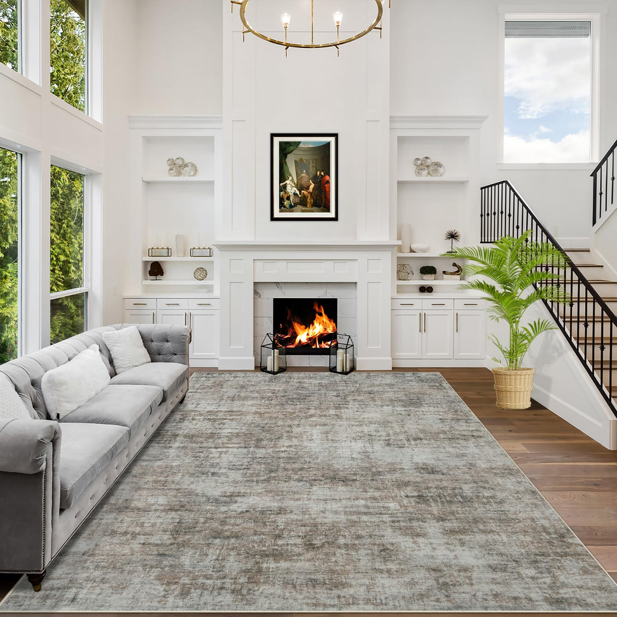 8x10 Area Rugs for Living Room: Washable Abstract Black Grey Gold Carpet