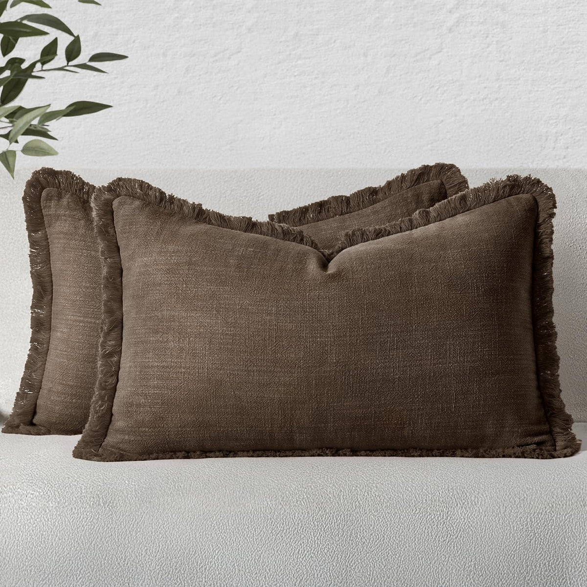 MIULEE Linen Fringe Decorative Fall Throw Pillow Covers Cocoa Brown 18x18