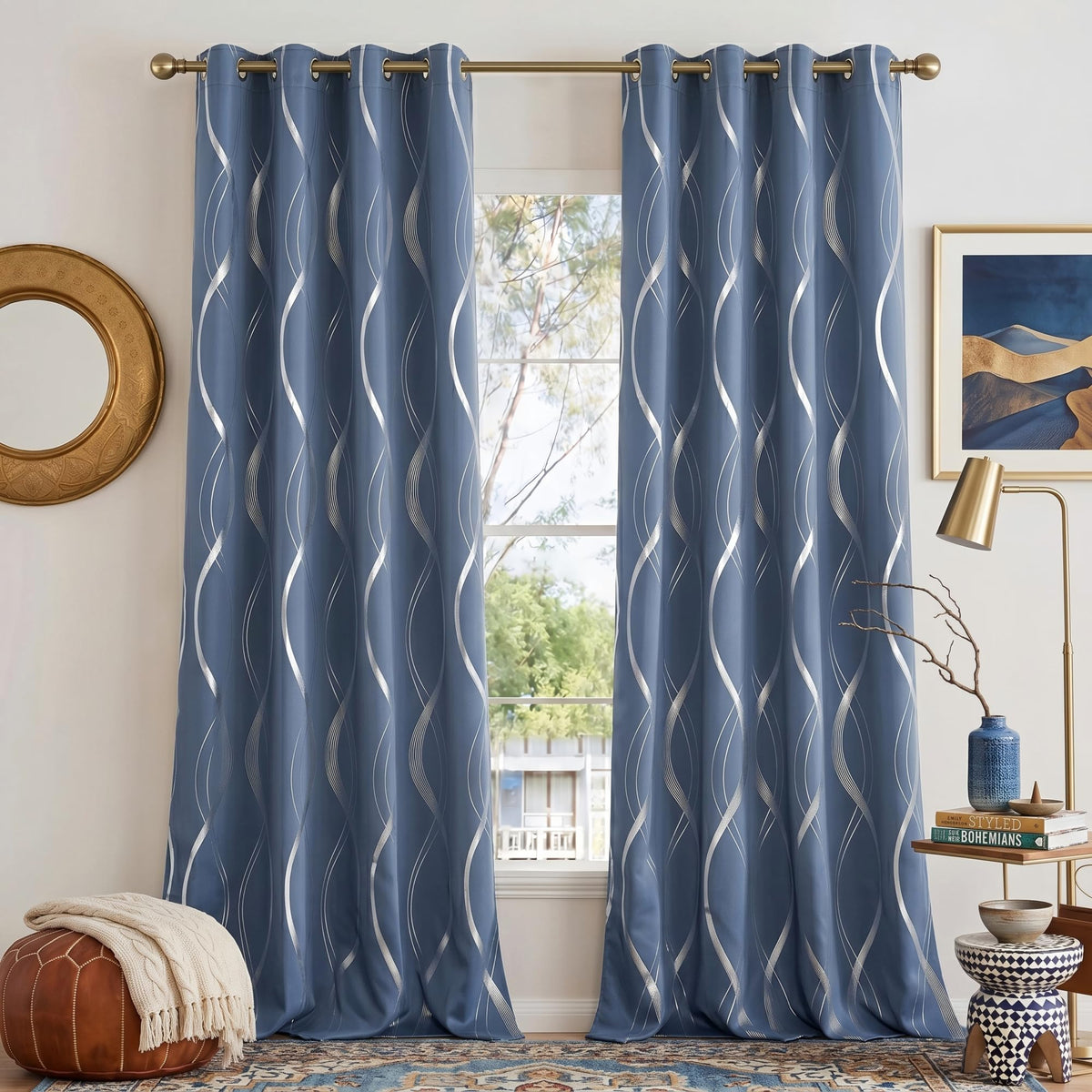 NICETOWN Grey Blackout Striped Pattern Curtains for Living Room, 52 x 84