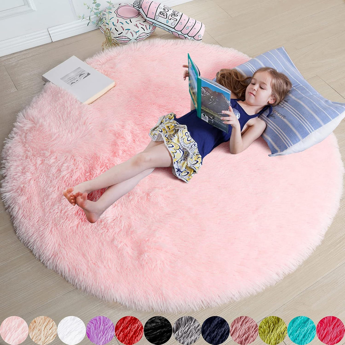 Amdrebio Pink Circle Round Fluffy Area Rug 4Ft for Girls Bedroom Kids Room