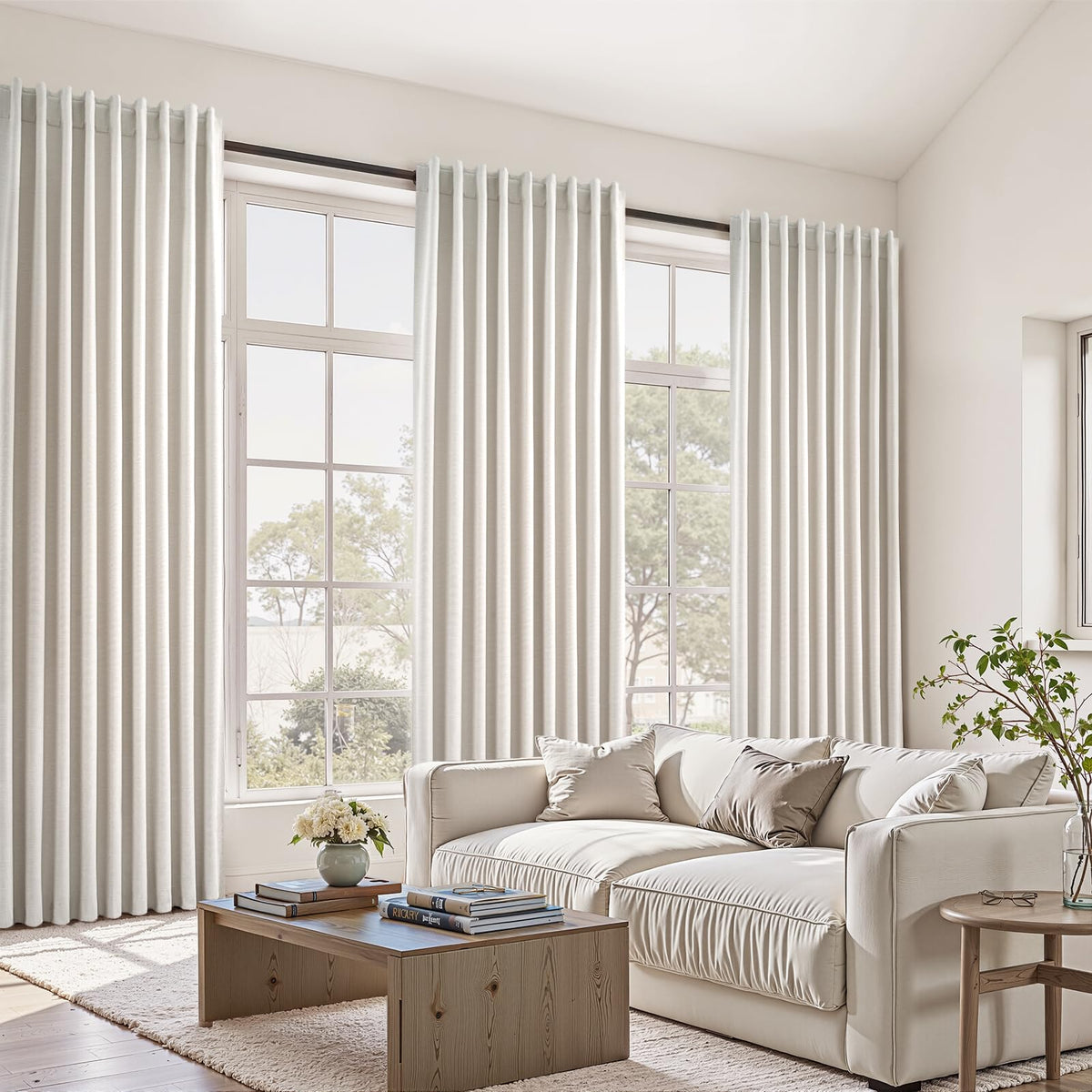 Topfinel Cream Ivory Blackout Curtains & Drapes 84 Inch Length, Beige Pinch Pleat Full Blackout Flax Linen Tab Top Soundproof Curtains with Hooks Rings for Bedroom Living Room Track 2 Panels Set
