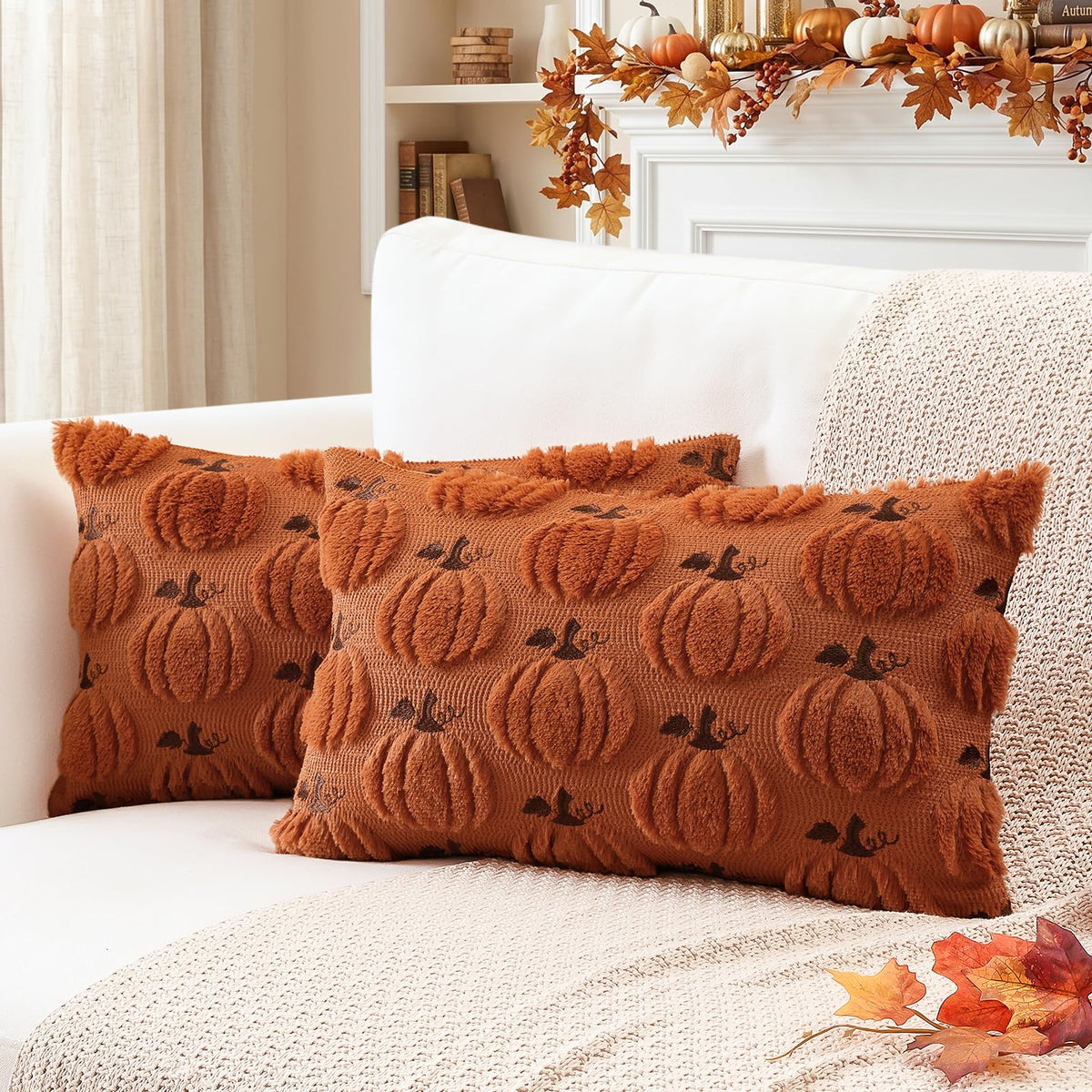 Artscope Fall Pumpkin Throw Pillow Covers 18x18 Set of 2, Autumn Soft Plush Faux Fur Decoration Cushion Covers for Thanksgiving Holiday Couch Sofa Bedroom Home Decor-Mustard Yellow