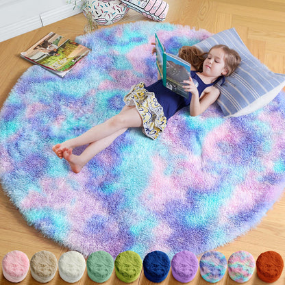 Amdrebio Pink Circle Round Fluffy Area Rug 4Ft for Girls Bedroom Kids Room