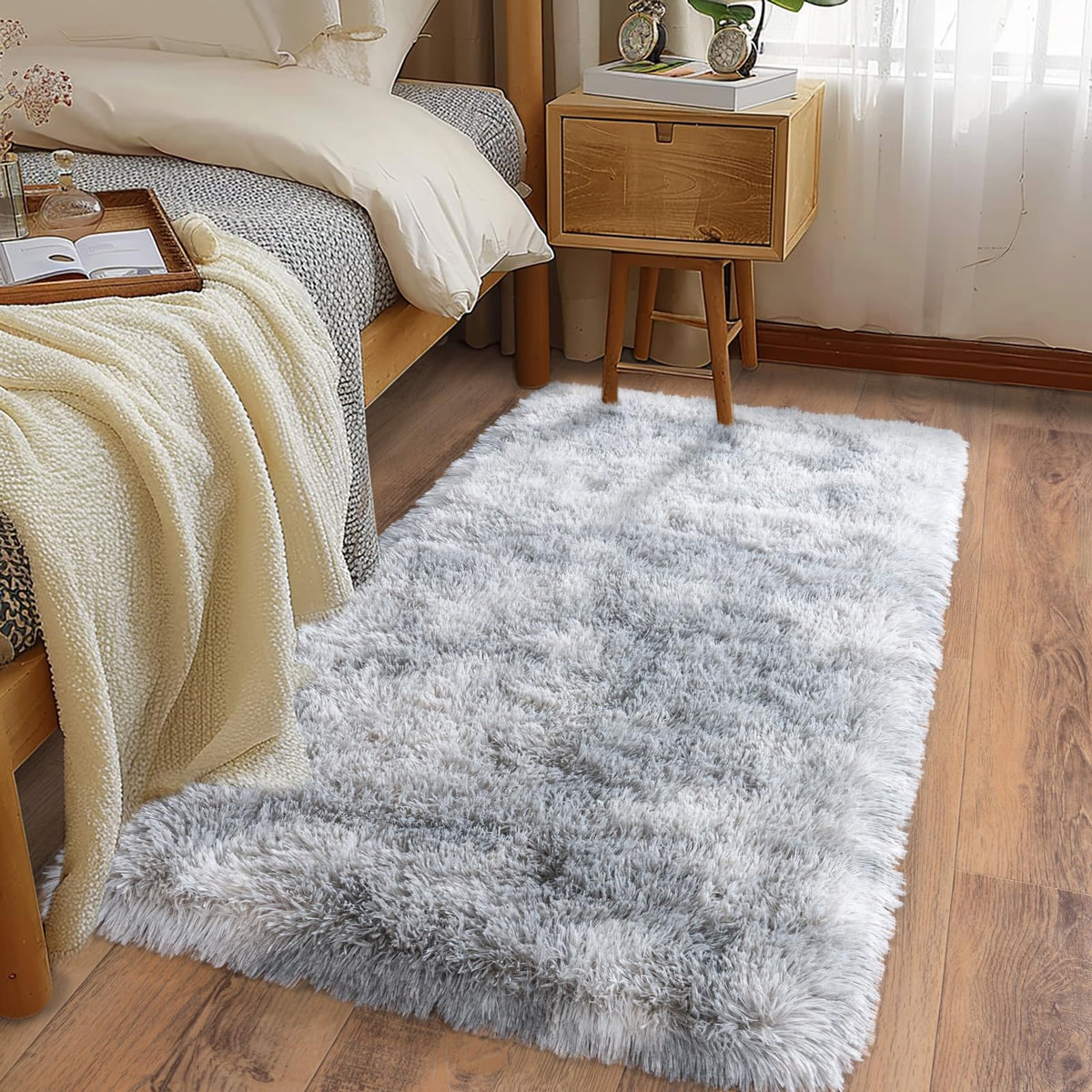Ultra Soft Runner Rugs for Bedroom Hallways with Upgraded Non-Slip Rubber Backing & Thick Memory Sponge, 2x6 Feet Fluffy Shag Throw Area Rug for Bedside Dorm Dark Grey