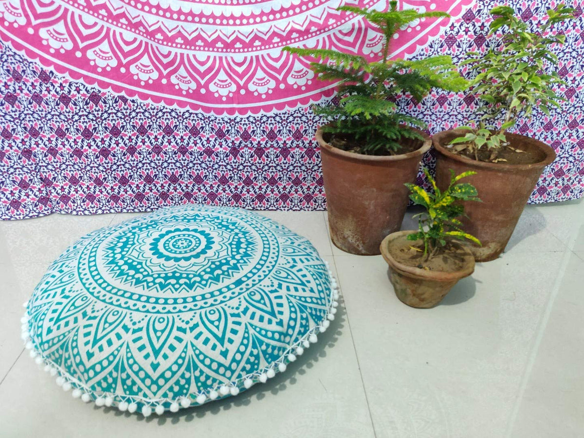 24" Black Gold Flower Mandala Barmeri Large Floor Pillow Cover Cushion Meditation Seating Ottoman Throw Cover Hippie Decorative Zipped Bohemian Pouf Ottoman Pom Pom Cases 24 " square
