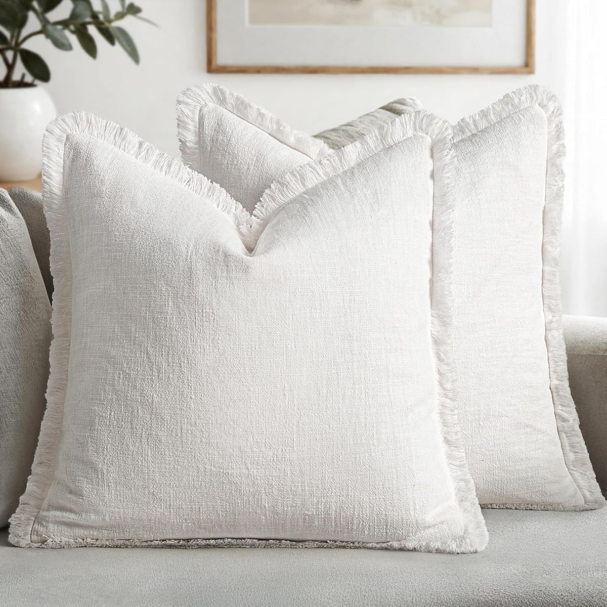 MIULEE Linen Fringe Decorative Fall Throw Pillow Covers Cocoa Brown 18x18