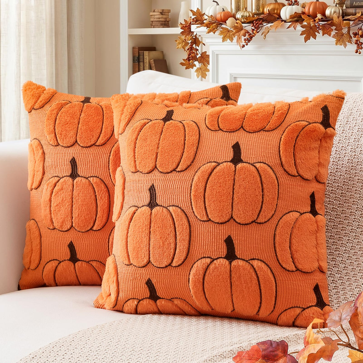 Artscope Fall Pumpkin Throw Pillow Covers 18x18 Set of 2, Autumn Soft Plush Faux Fur Decoration Cushion Covers for Thanksgiving & Halloween Couch Sofa Bedroom Home Decor-Rust