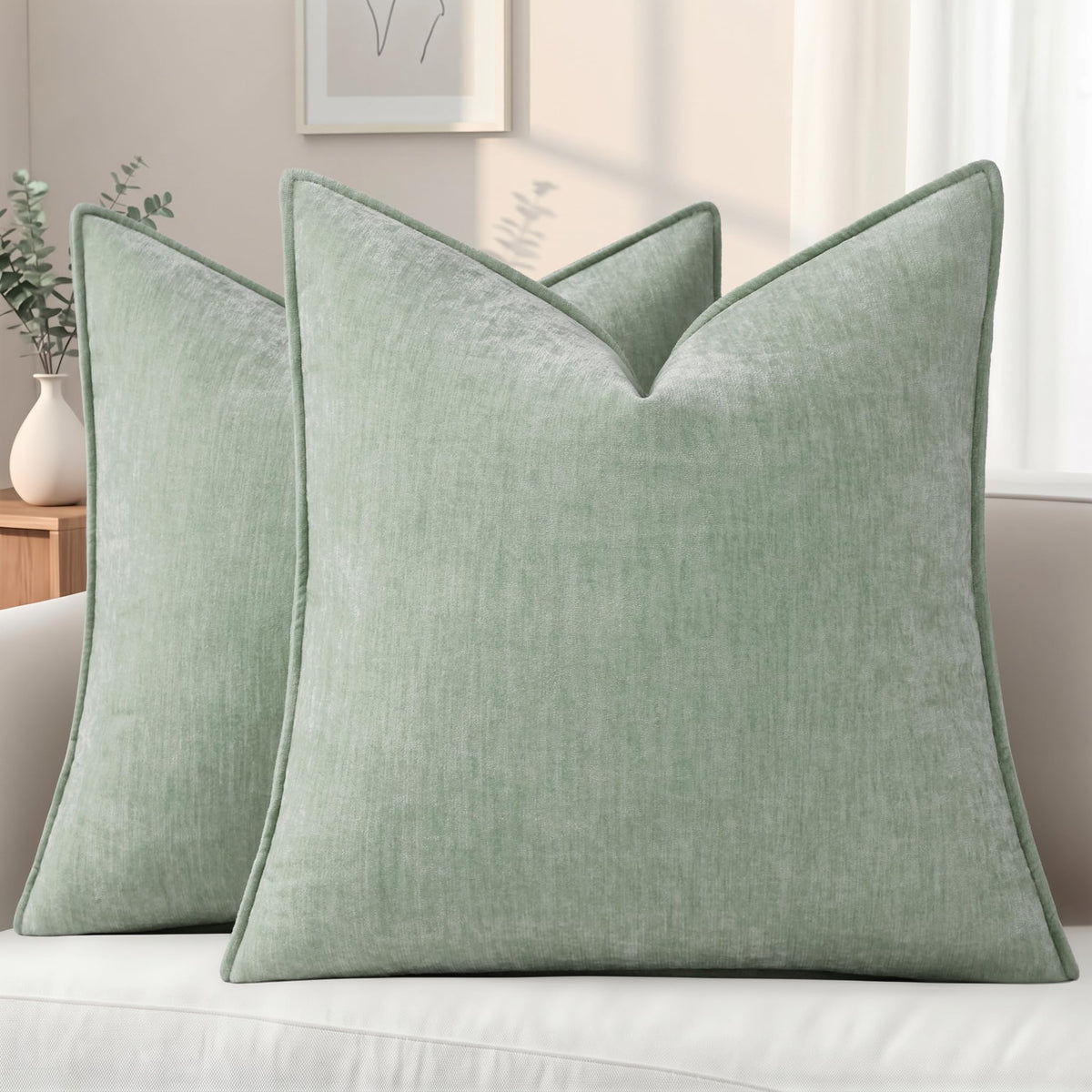 decorUhome Chenille Beige Velvet Throw Pillow Covers 18x18 Set of 2