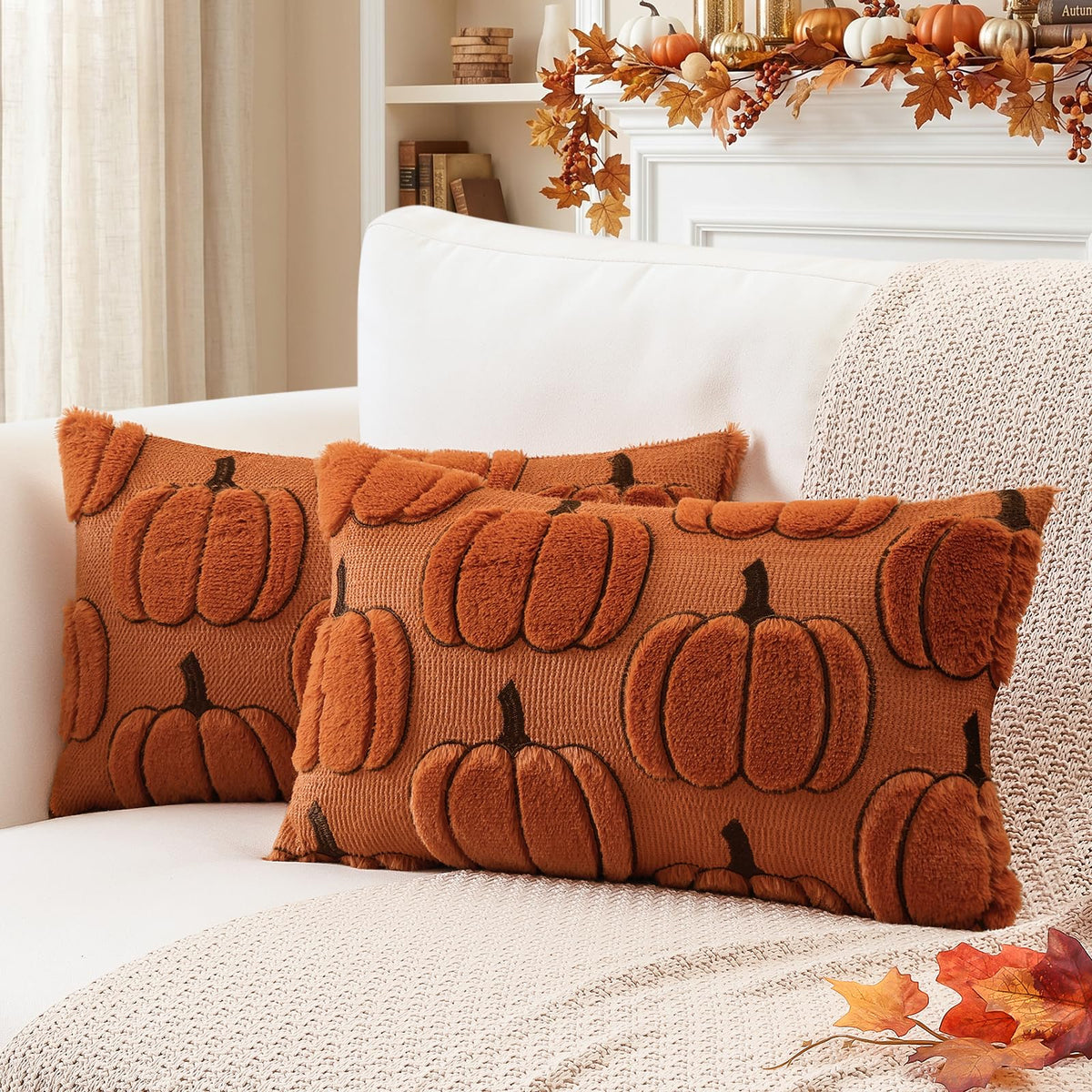 Artscope Fall Pumpkin Throw Pillow Covers 18x18 Set of 2, Autumn Soft Plush Faux Fur Decoration Cushion Covers for Thanksgiving & Halloween Couch Sofa Bedroom Home Decor-Rust
