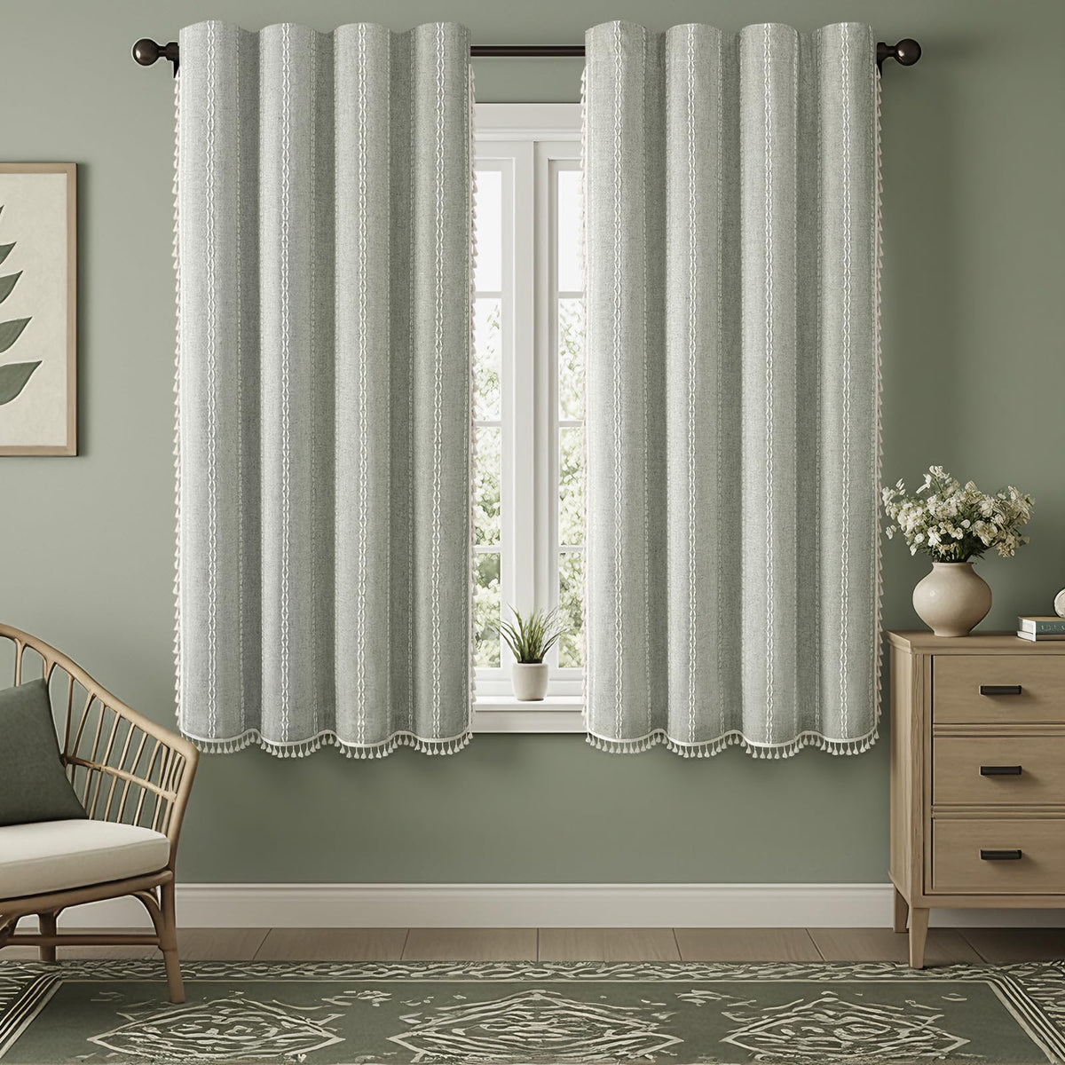 Boho 100% Blackout Curtains 84 Inch 2 Panels Linen Blend Beige
