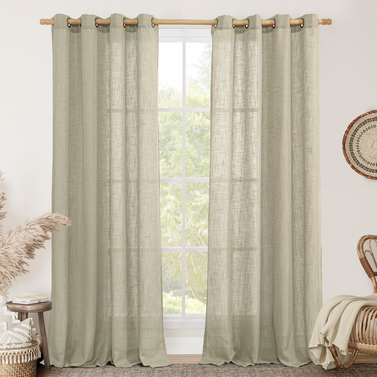 LAMIT Cream Ivory Linen Semi Sheer Curtains 84 inch Length for Bedroom