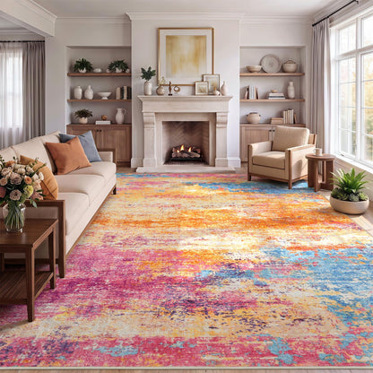 8x10 Area Rug for Living Room, Abstract Washable Non-Slip Large Rugs, Gold