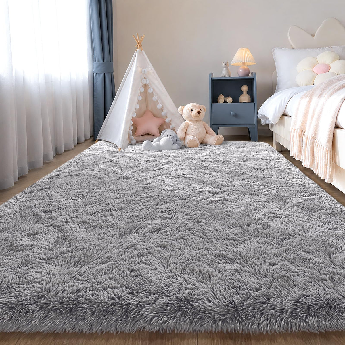 Zentavio 5x8 Area Rugs for Bedroom Fluffy Rugs for Living Room Carpet Large Fuzzy Soft Shag Aesthetic Plush High Pile Gray Throw Rug for Nursery Kids Room Dorm Waved Grey