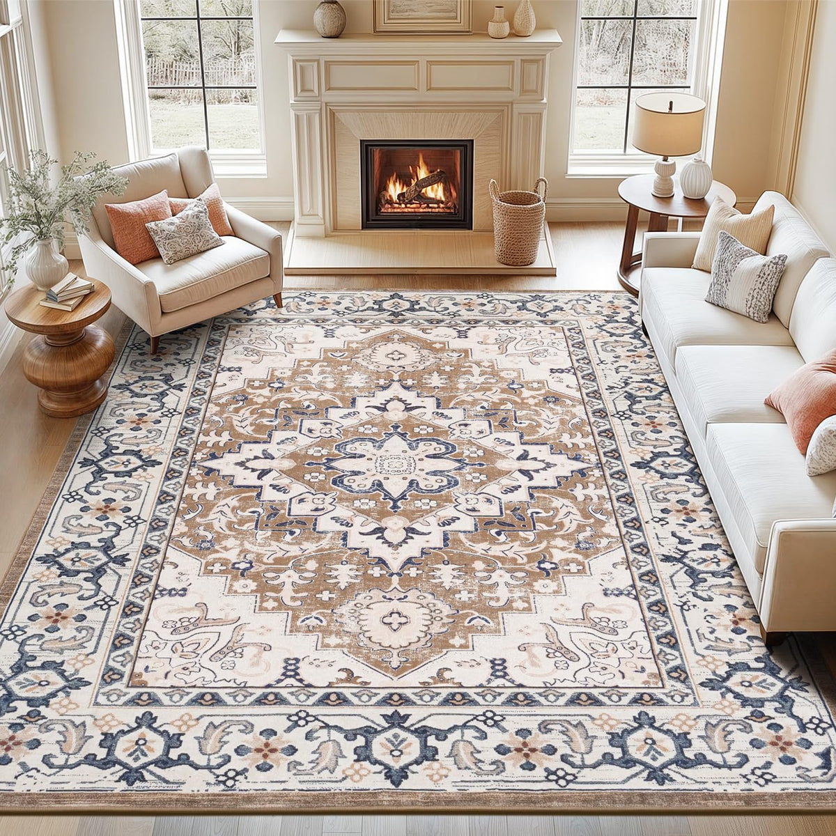 Lofus 5x7 Area Rugs for Living Room Bedroom, Soft Boho Carpet Floral Brown