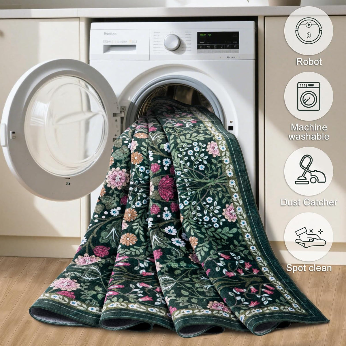 PLHXFR 8x10 Area Rug Living Room: Floral Washable Boho Carpet Dark Green