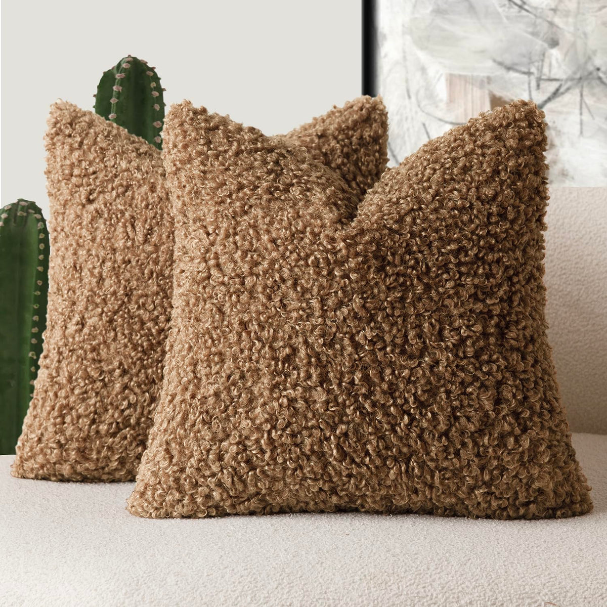 Foindtower Decorative Fuzzy Faux Fur Throw Pillow Covers 24x24 Inch Oatmeal