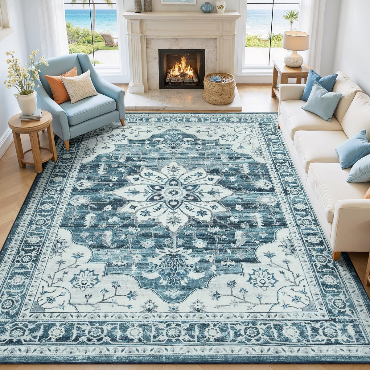 Sage Green 8x10 Area Rug for Living Room, Vintage Boho Large Carpet