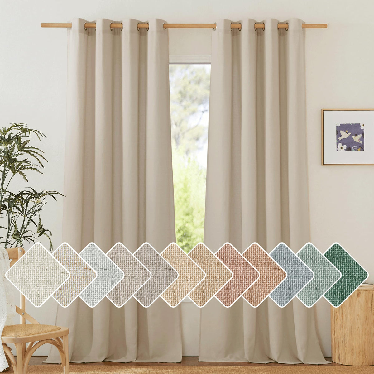 NICETOWN Natural Linen Curtains 84 inch Long 2 Panels Set, Grommet Top Thick Linen Burlap Semi Sheer Vertical Drapes Privacy Assured with Light Filtering for Bedroom/Living Room, W55 x L84