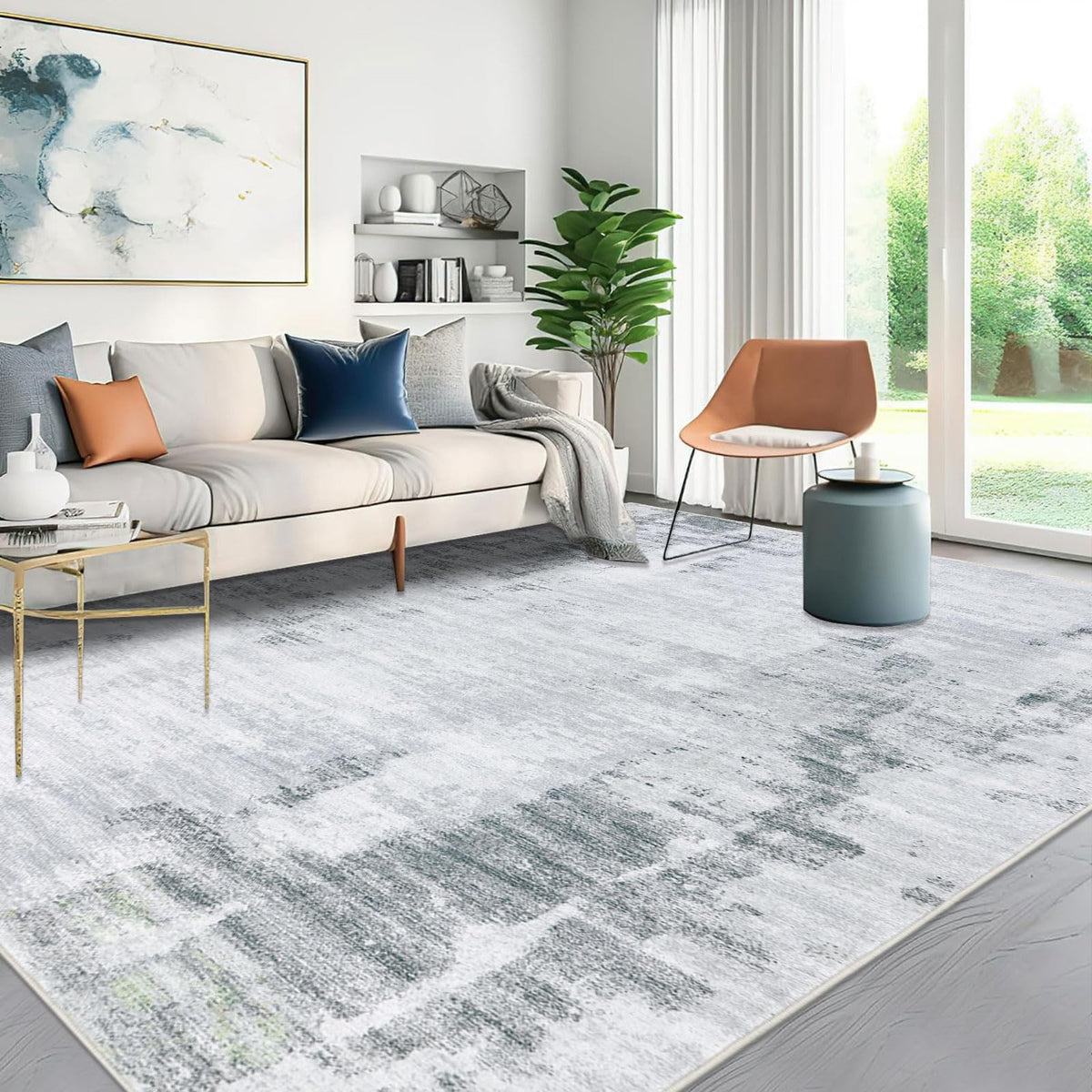 famibay 5x8 Area Rug, Abstract Washable Rugs for Living Room Low Pile Neutral Area Rug for Bedroom Aesthetic Non Slip Rubber Backed Carpet Rugs for Living Room Bedroom Dining Room(Beige/Camel)