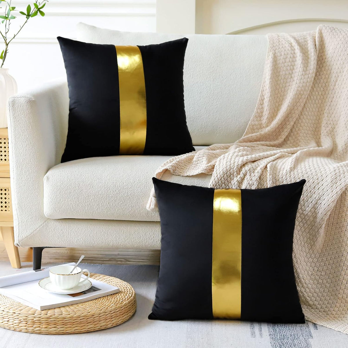 Artscope Black Velvet Throw Pillow Covers with Gold Leather Stitching Luxury Modern Minimalist Square Pillowcase Cushion Covers for Bed Couch Sofa 18x18Inch Set of 2