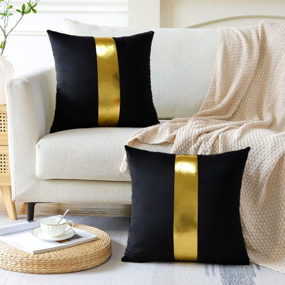 Artscope Black Velvet Throw Pillow Covers with Gold Leather Stitching Luxury Modern Minimalist Square Pillowcase Cushion Covers for Bed Couch Sofa 18x18Inch Set of 2