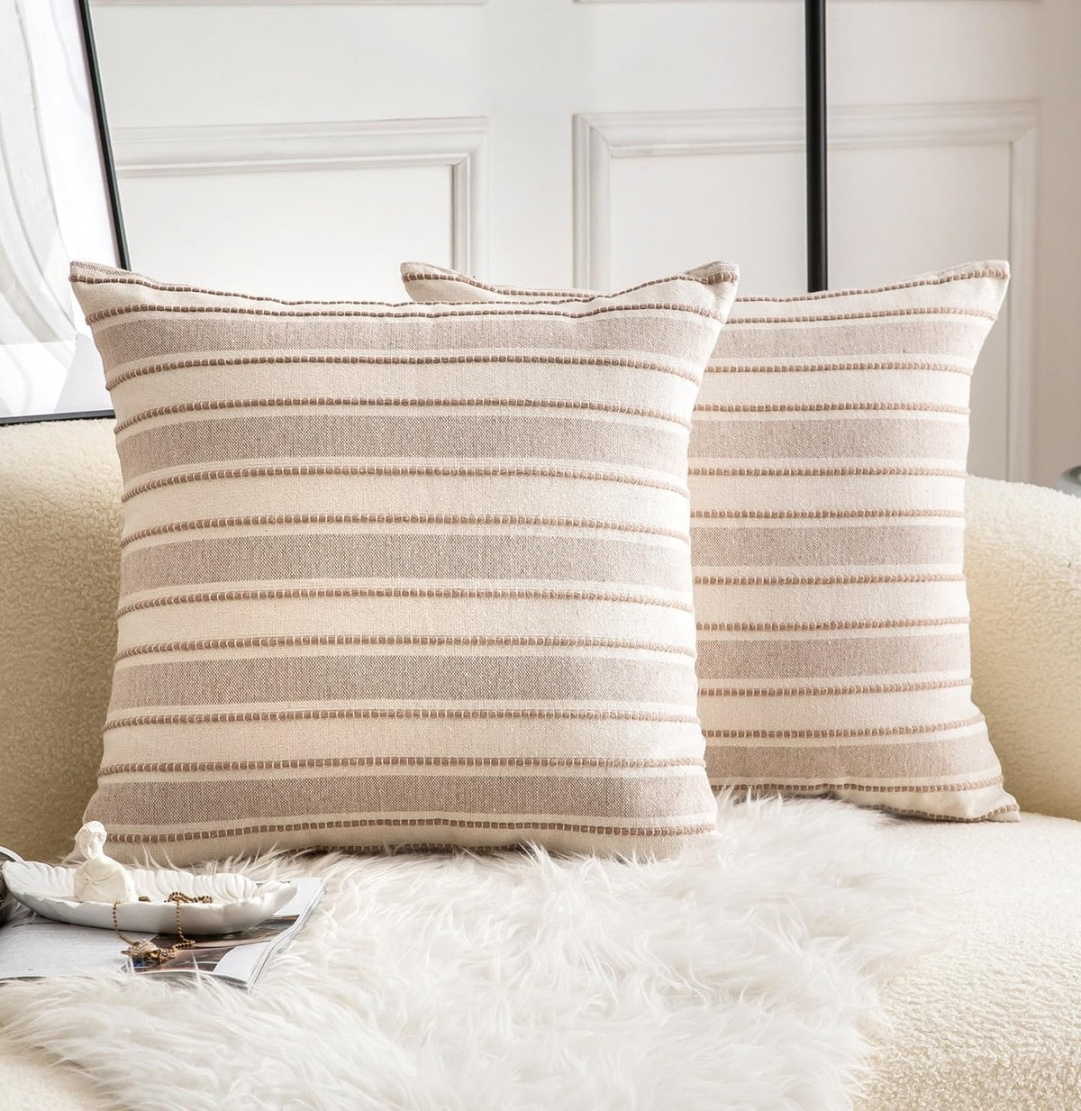 Cethom Decorative Boho Throw Pillow Covers, Farmhouse Textured Pillow Case, 18 x 18 Inch Set of 2, Chair Sofa Bedroom Living Room Home Decor Couch Cushion Case, Classic Blue and Beige Striped