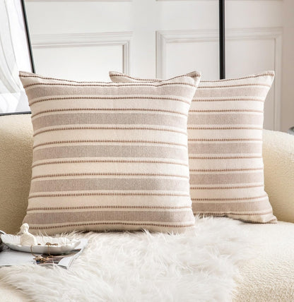 Cethom Decorative Boho Throw Pillow Covers, Farmhouse Textured Pillow Case, 18 x 18 Inch Set of 2, Chair Sofa Bedroom Living Room Home Decor Couch Cushion Case, Classic Blue and Beige Striped