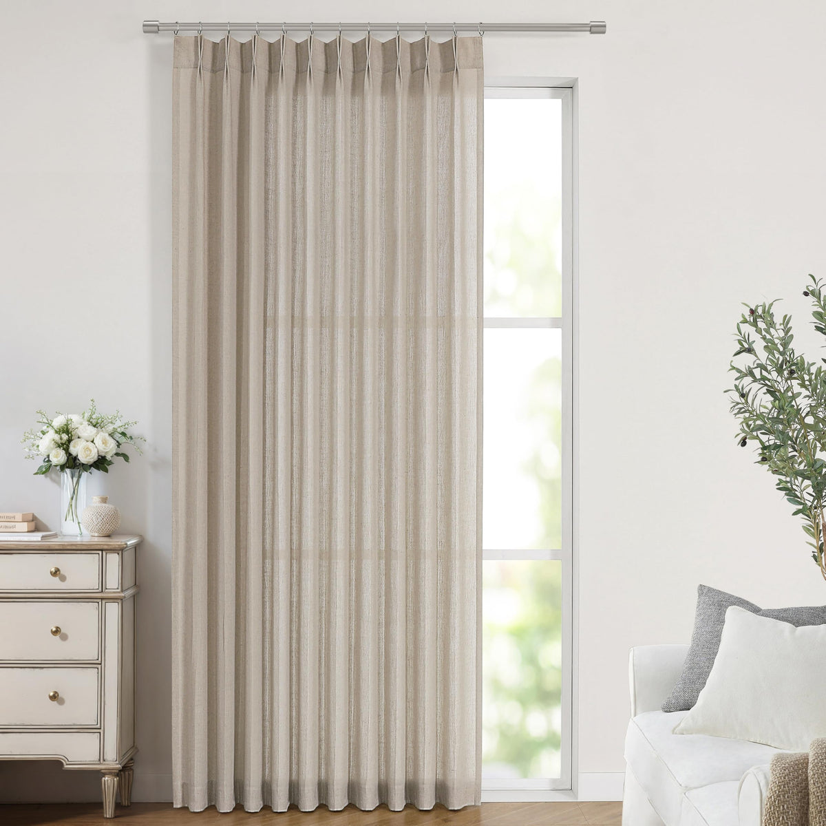 Vision Home Natural Linen Pinch Pleated Semi Sheer Curtains 42Wx90Lx2
