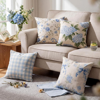 Tudomro Set of 4 Hydrangea Floral Pillow Covers 18 x 18 Inches