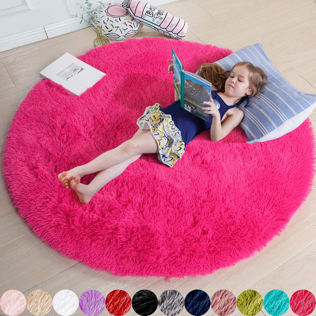 Amdrebio Pink Circle Round Fluffy Area Rug 4Ft for Girls Bedroom Kids Room