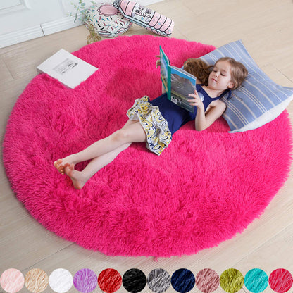 Amdrebio Pink Circle Round Fluffy Area Rug 4Ft for Girls Bedroom Kids Room