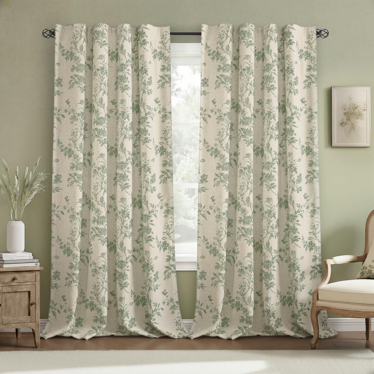 Boho Floral 100% Blackout Curtains 84 Inch 2 Panels Linen Texture